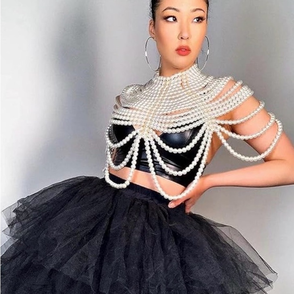Pearl Draped Statement Capelet - Black